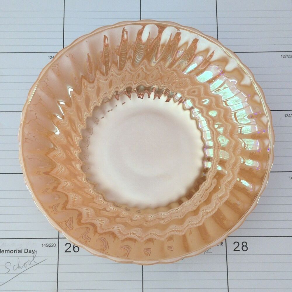 VTG Fire-King Peach Swirl Carnival Pressed Glass Round 8in Bowl Glossy